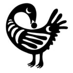 A bird holding an egg in its beak with the head turned back.