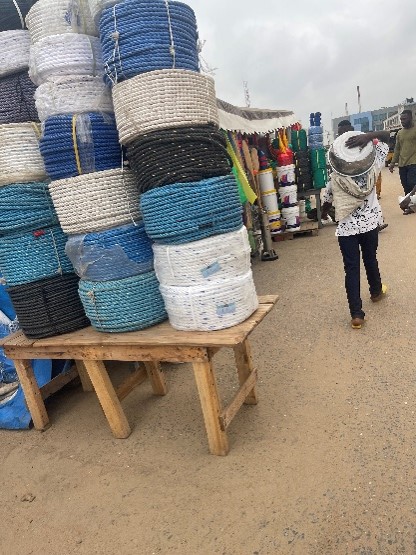 Fishing input shop with different types of ropes and other fishing input on display at Tema